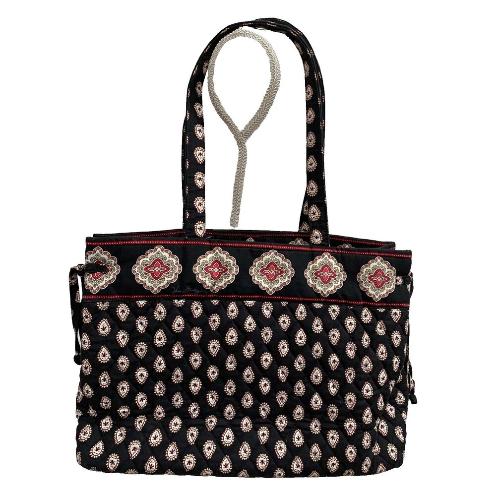 Vera Bradley Tote Bag Classic Black Red Paisley Double Straps End Ties